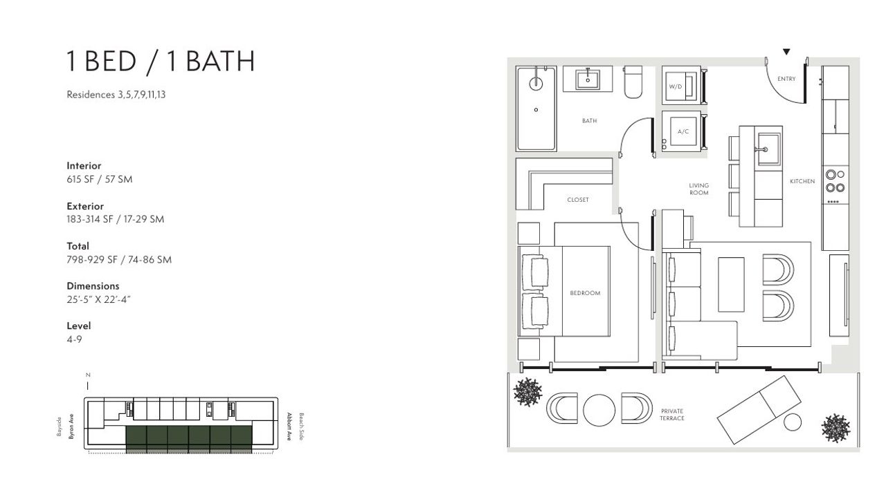 2D floor plan layout for the One Bedroom by Constellation Group in Ella Miami Beach, Miami Beach, FL (Image 2).