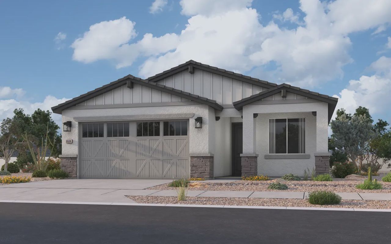 Front exterior of a new home in Camilo at Santana, Yuma, AZ, highlighting curb appeal (Image 2).