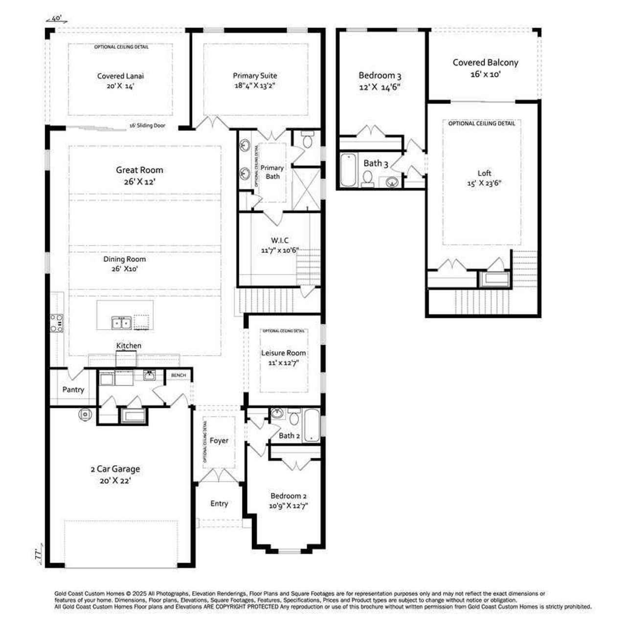 2D floor plan layout for the The San Marino 3 BR by Gold Coast Custom Homes in Palm Coast Plantation, Palm Coast, FL (Image 2).