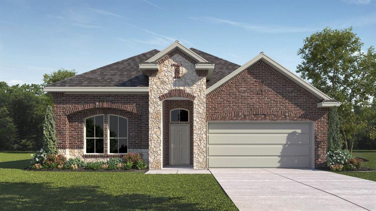 Front exterior of a new home in Madera, Royse City, TX, highlighting curb appeal (Image 2). Front exterior of a new home in Madera, Royse City, TX, highlighting curb appeal (Image 2).