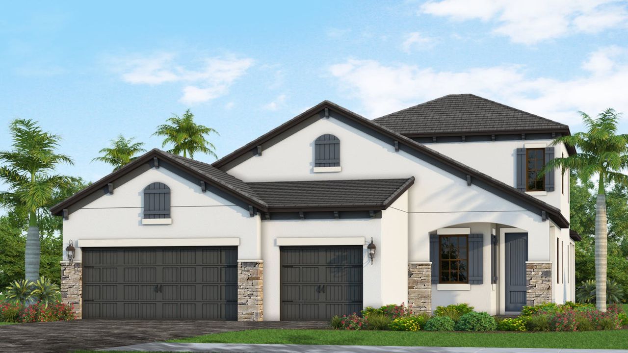 Front exterior of a new home in Vistera of Venice Real Estate and Homes for Sale in Venice, FL - Neal Communities, Nokomis, FL, highlighting curb appeal (Image 2).