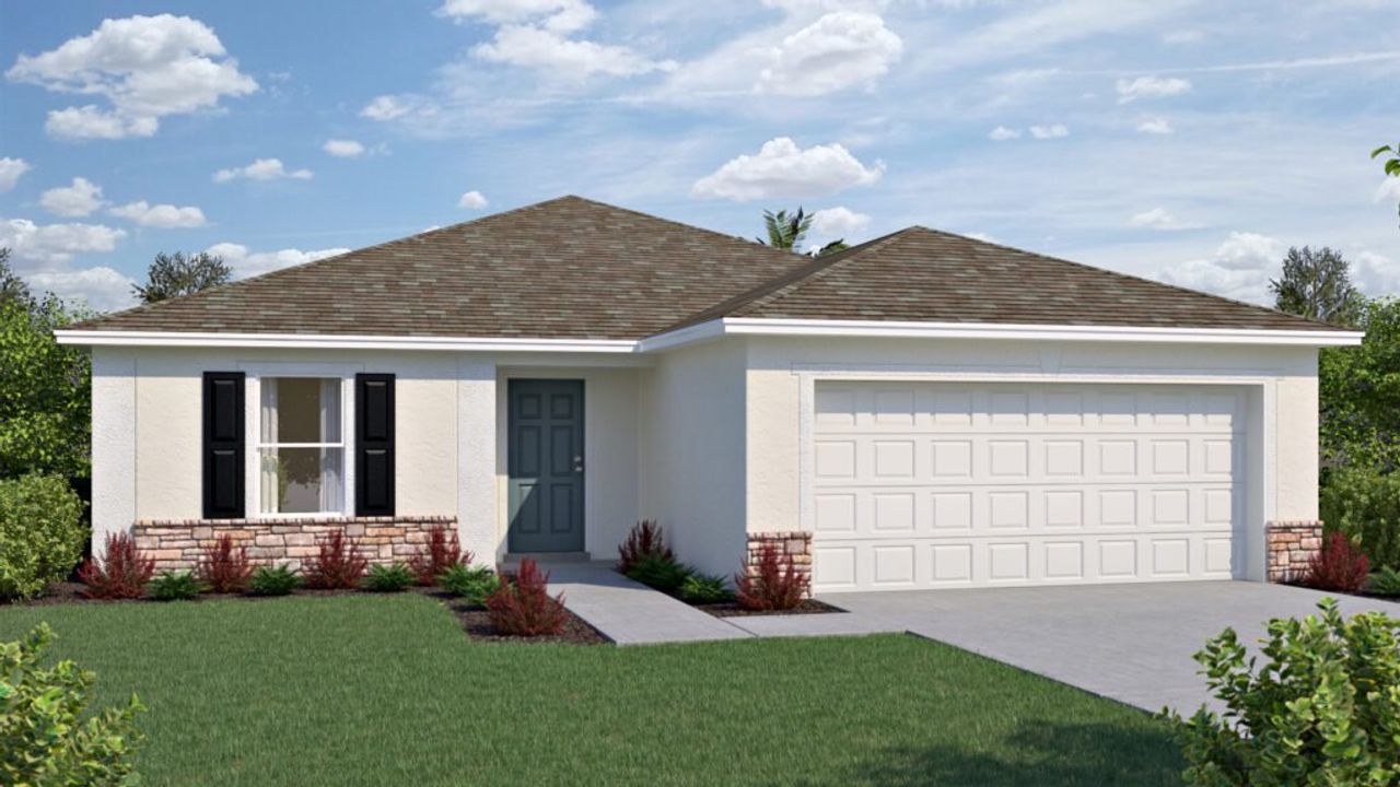 Representative exterior photo of a completed home built from the Queen by Holiday Builders in Tillman Oaks, Wildwood, FL (Image 2). Representative exterior photo of a completed home built from the Queen by Holiday Builders in Tillman Oaks, Wildwood, FL (Image 2).