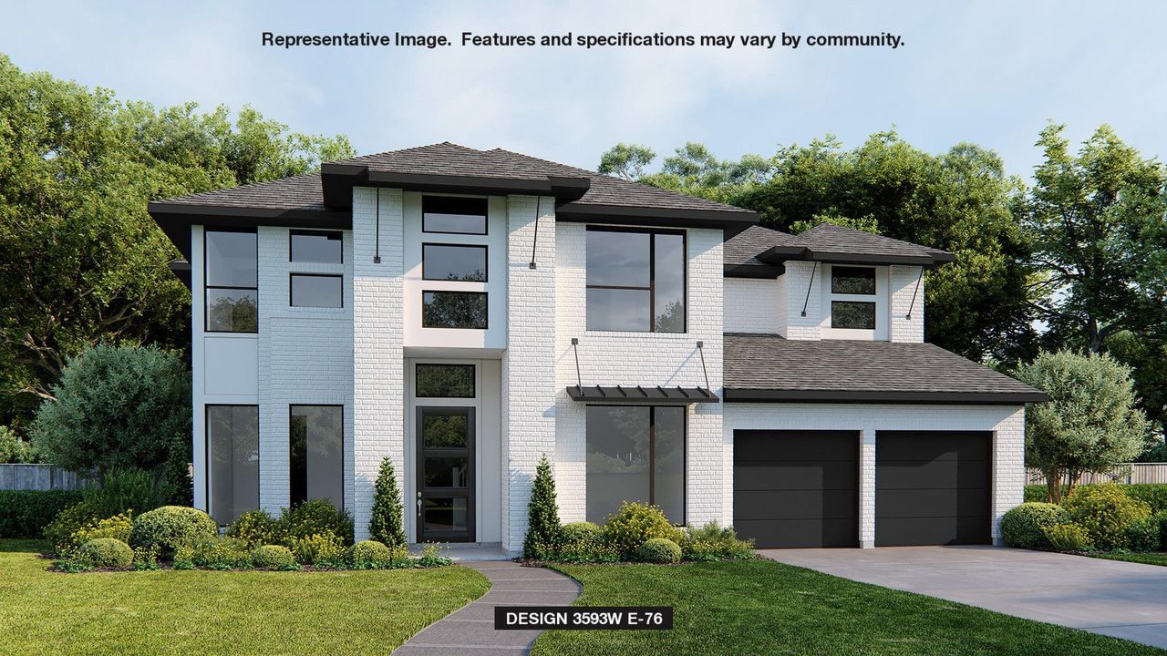 View of front of home with concrete driveway, an attached garage, a front lawn, brick siding, and a shingled roof View of front of home with concrete driveway, an attached garage, a front lawn, brick siding, and a shingled roof