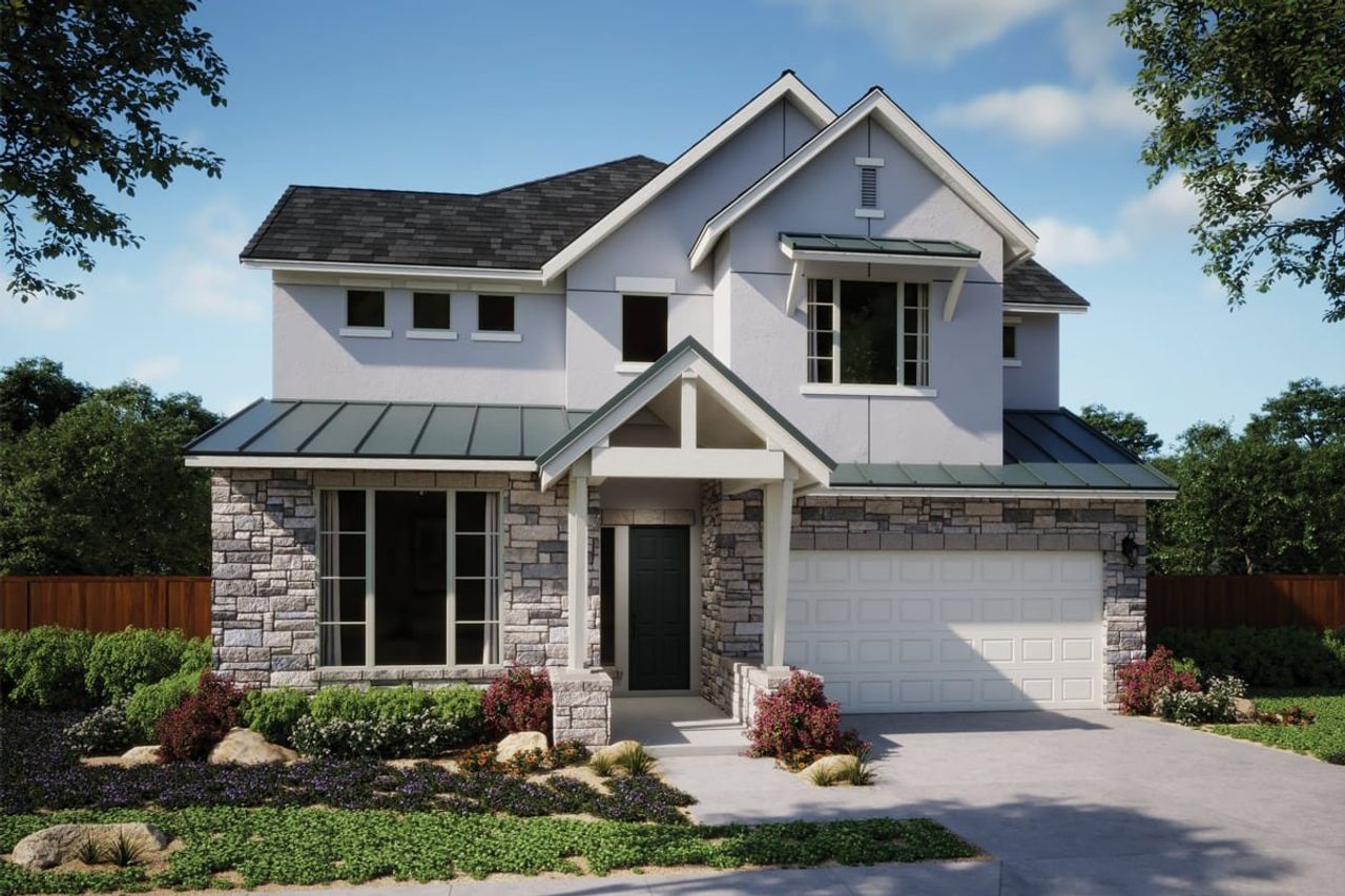 Front exterior of a new home in Sauls Ranch, Round Rock, TX, highlighting curb appeal (Image 2).