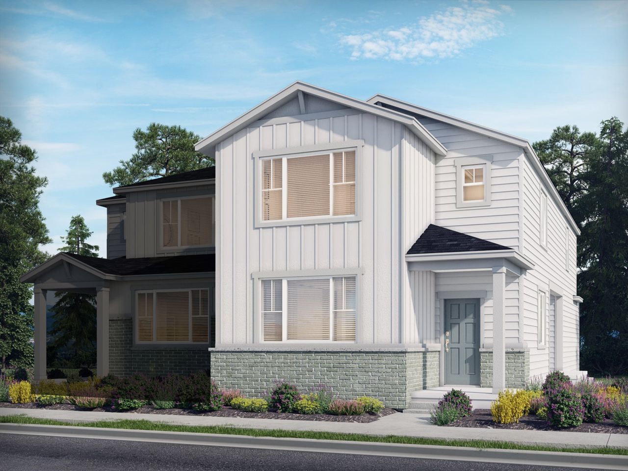 Representative exterior photo of a completed home built from the The Blue Sky by Meritage Homes in York Station, Thornton, CO (Image 2). Representative exterior photo of a completed home built from the The Blue Sky by Meritage Homes in York Station, Thornton, CO (Image 2).