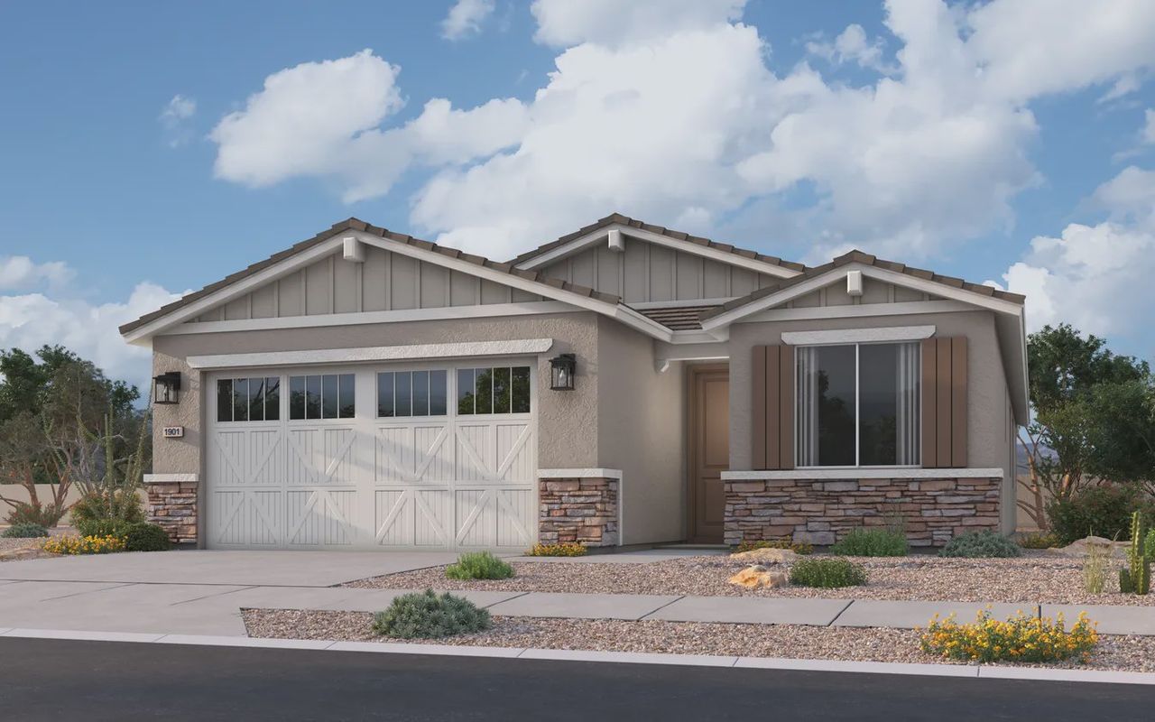Front exterior of a new home in Camilo at Santana, Yuma, AZ, highlighting curb appeal (Image 2).