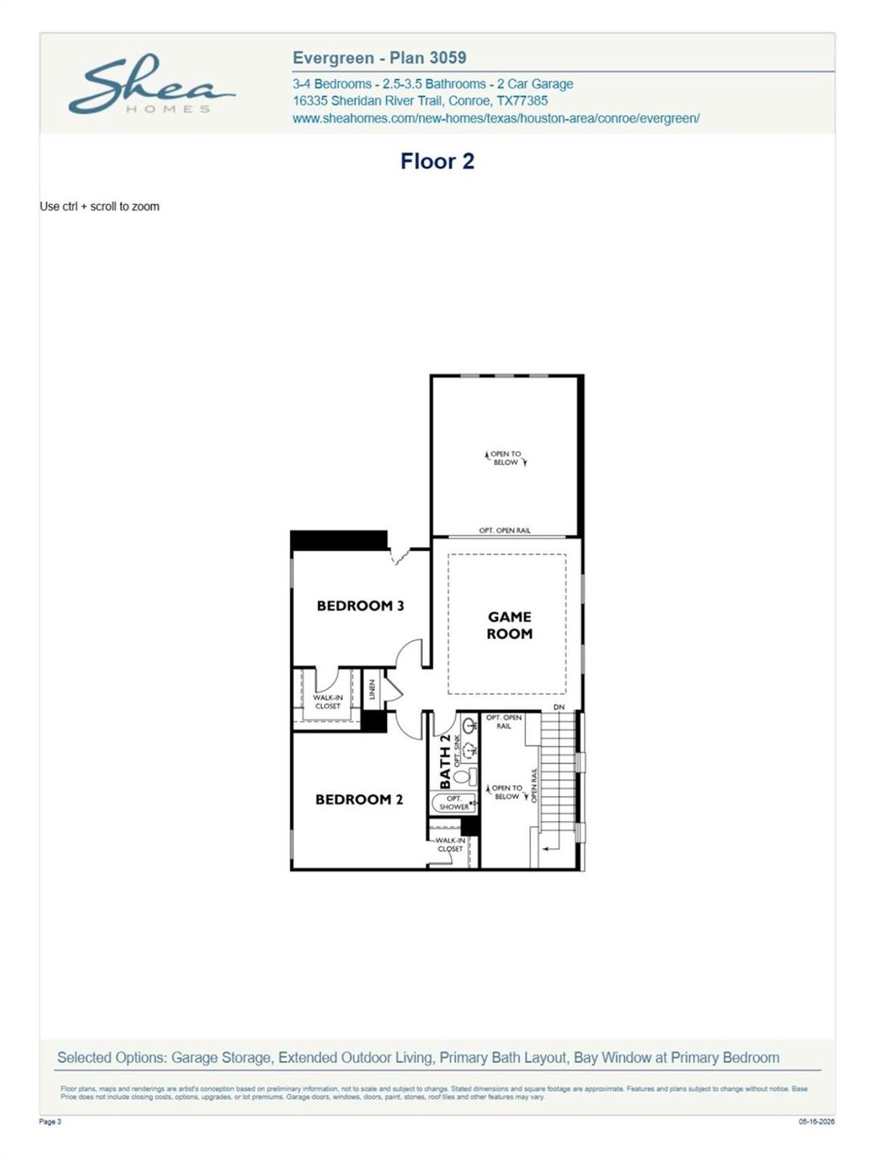2D floor plan layout of this home in Evergreen 40', Conroe, TX (Image 2).