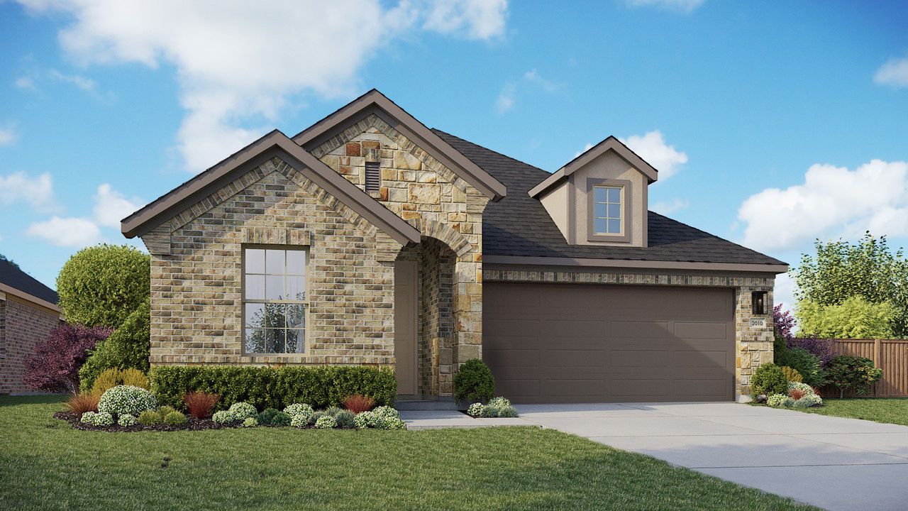 Representative exterior photo of a completed home built from the Fiji by DRB Homes in Parkside on the River, Georgetown, TX (Image 2).