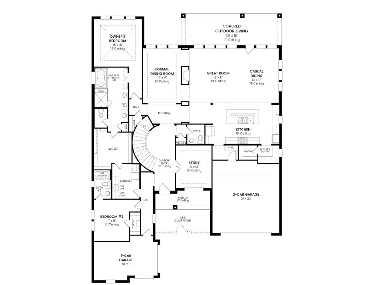 2D floor plan layout for the Plan 6042 by Tradition Homes in Mosaic – 70′ Lots, Prosper, TX (Image 2).