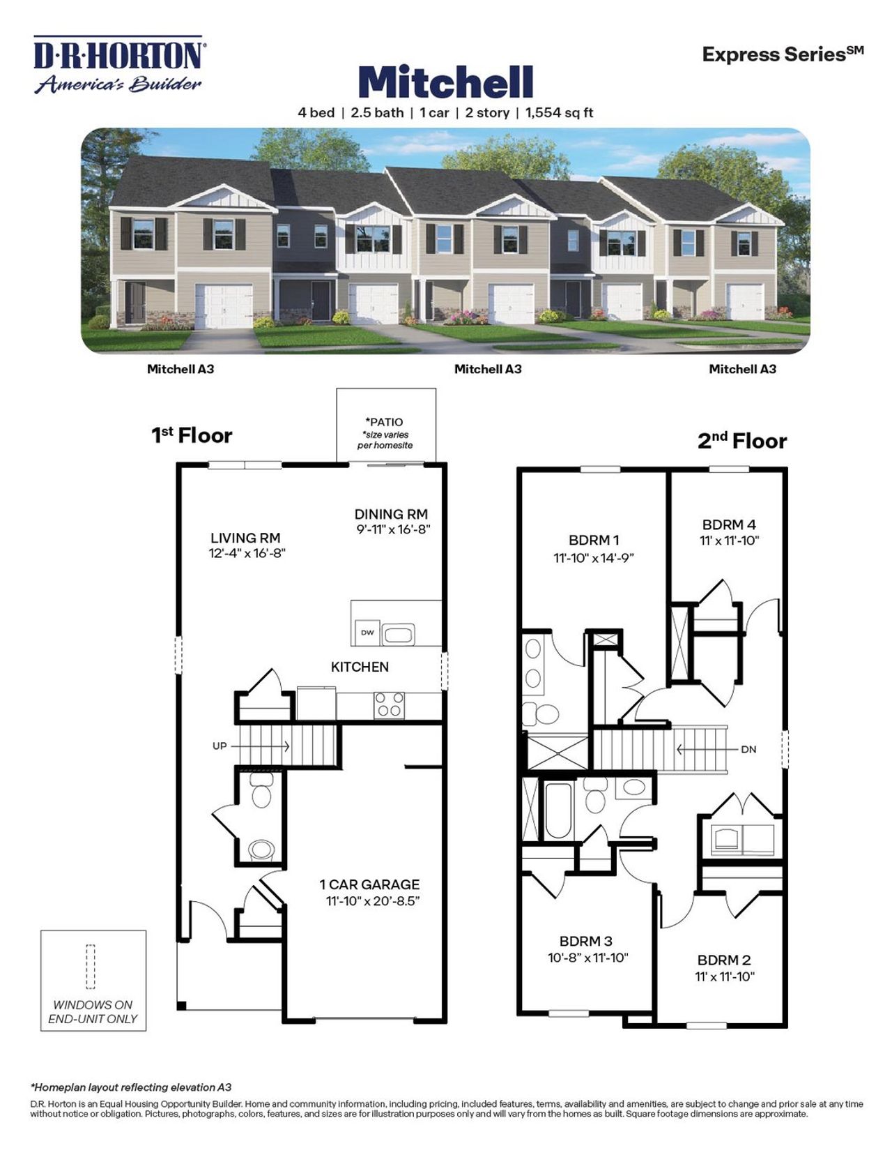 2D floor plan layout for the Mitchell by D.R. Horton in The Townes at Carver Station, Durham, NC (Image 2).
