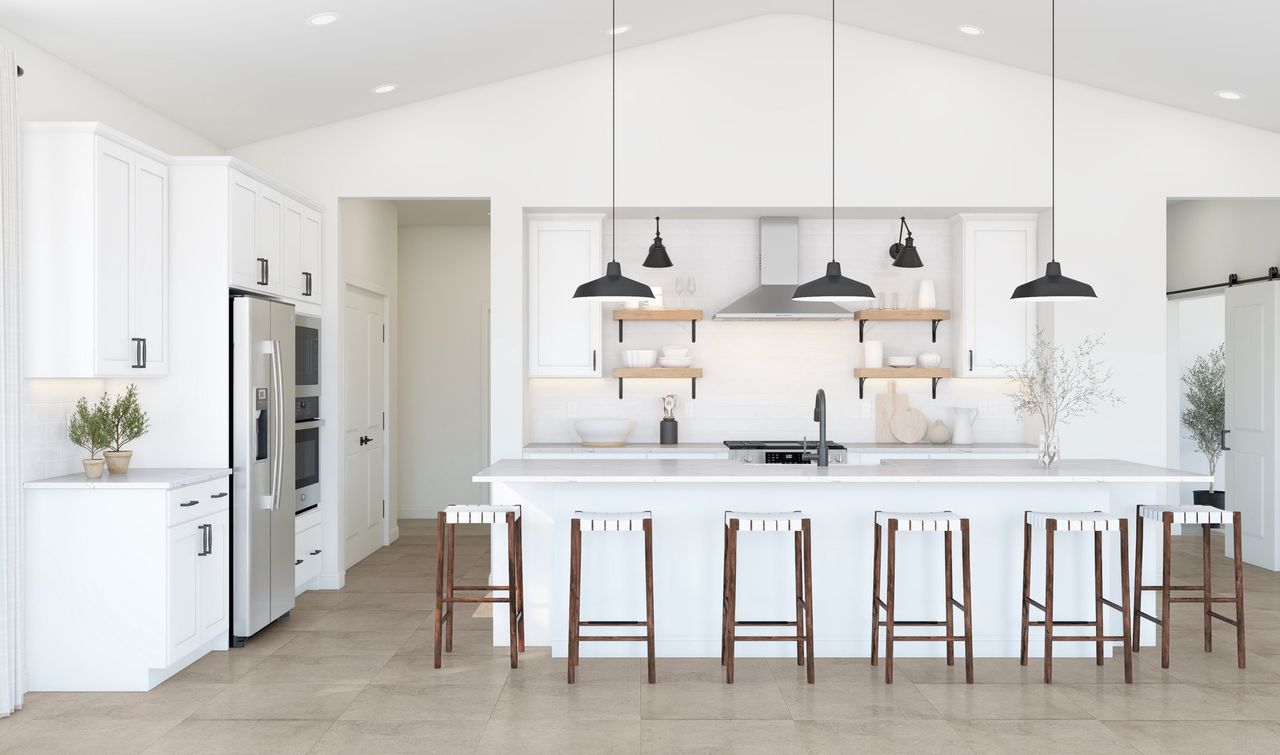 Kitchen with vast island & floating shelves