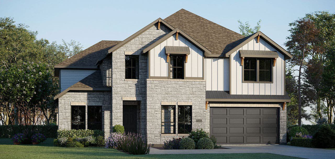 Representative exterior photo of a completed home built from the Harrison 5234 by GFO Home in Enclave At Cele, Pflugerville, TX (Image 2).