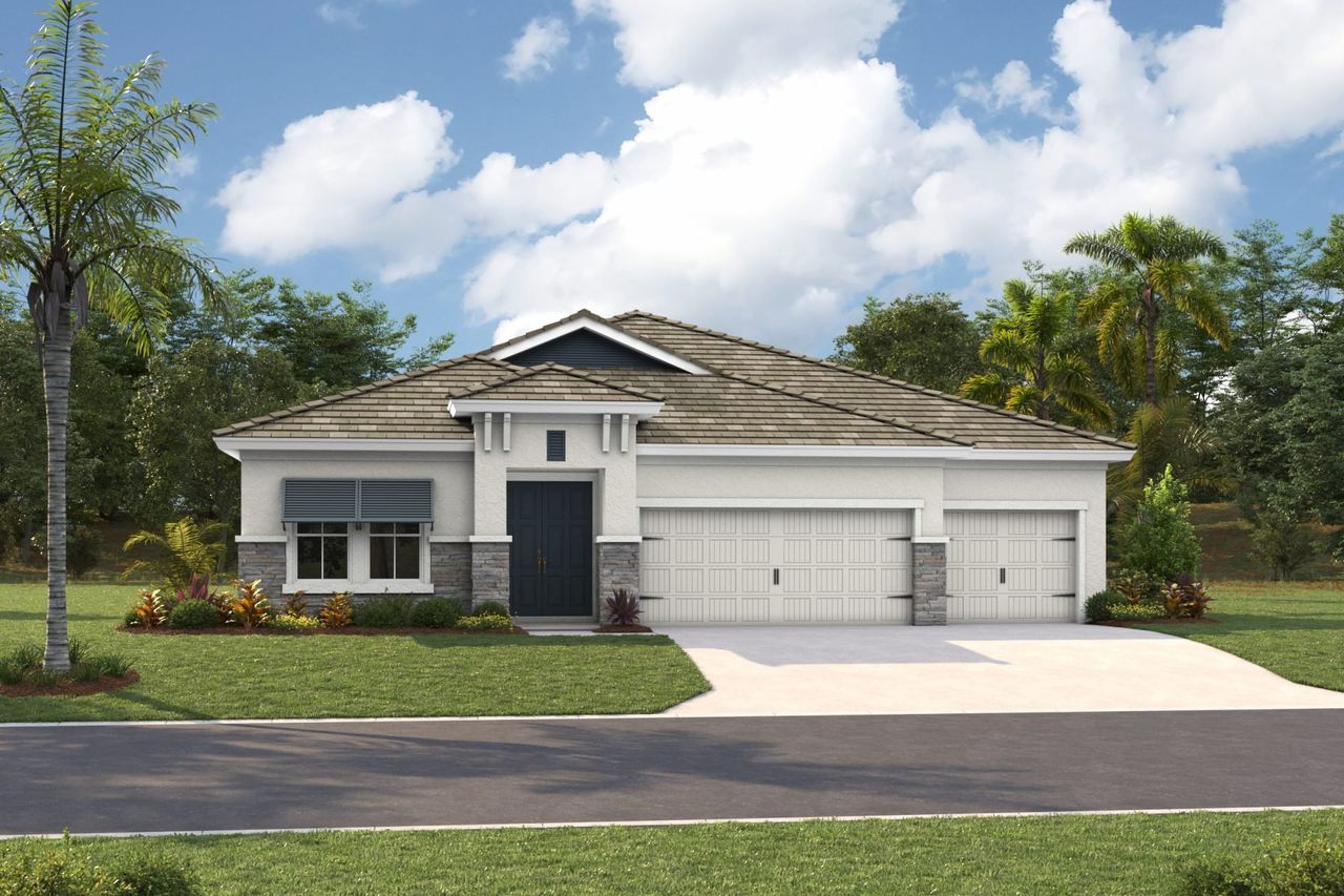Representative exterior photo of a completed home built from the Bayport I by Homes by WestBay in Two Rivers, Zephyrhills, FL (Image 2).