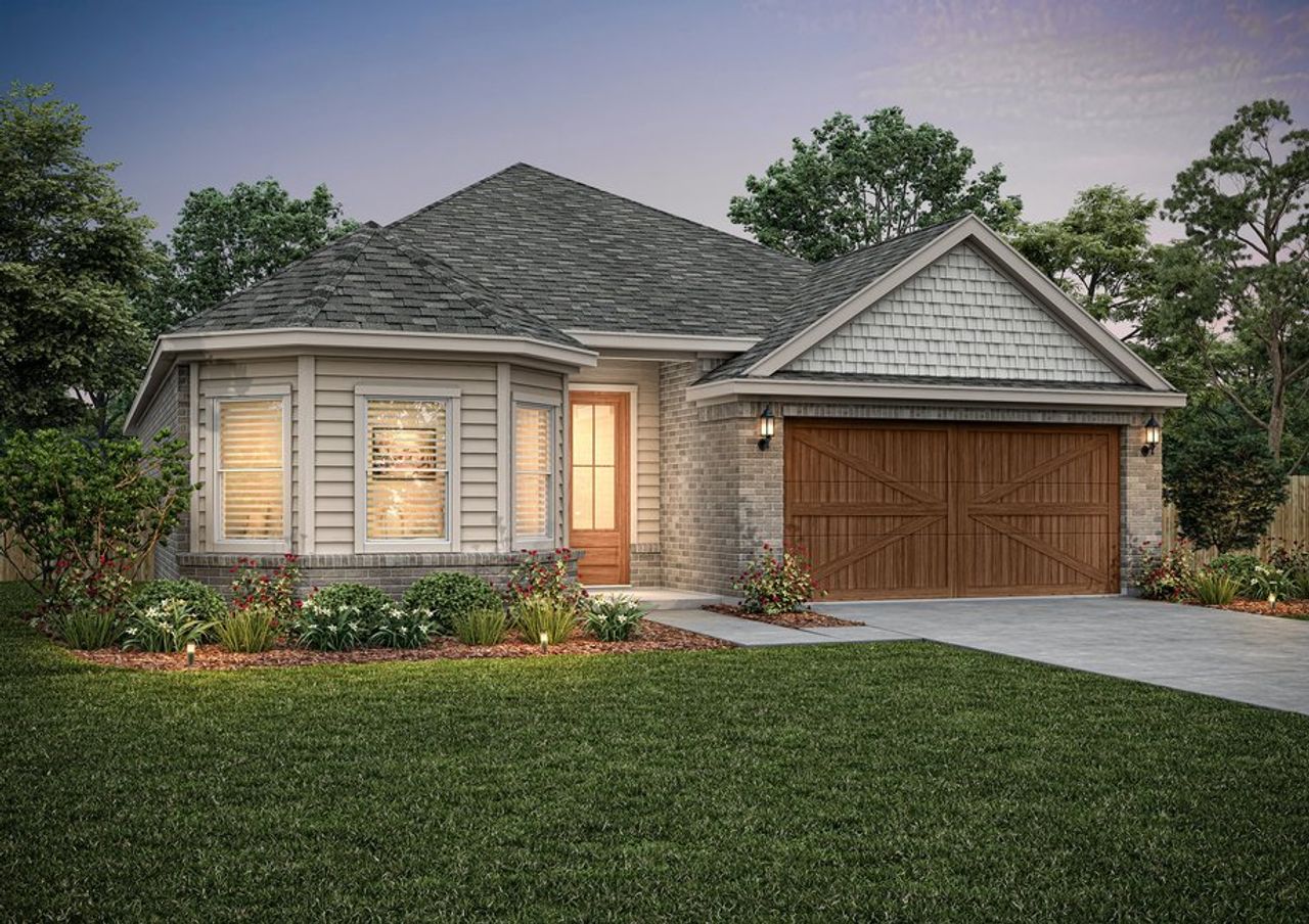 The Michigan is a beautiful one-story home with a brick exterior and siding details.