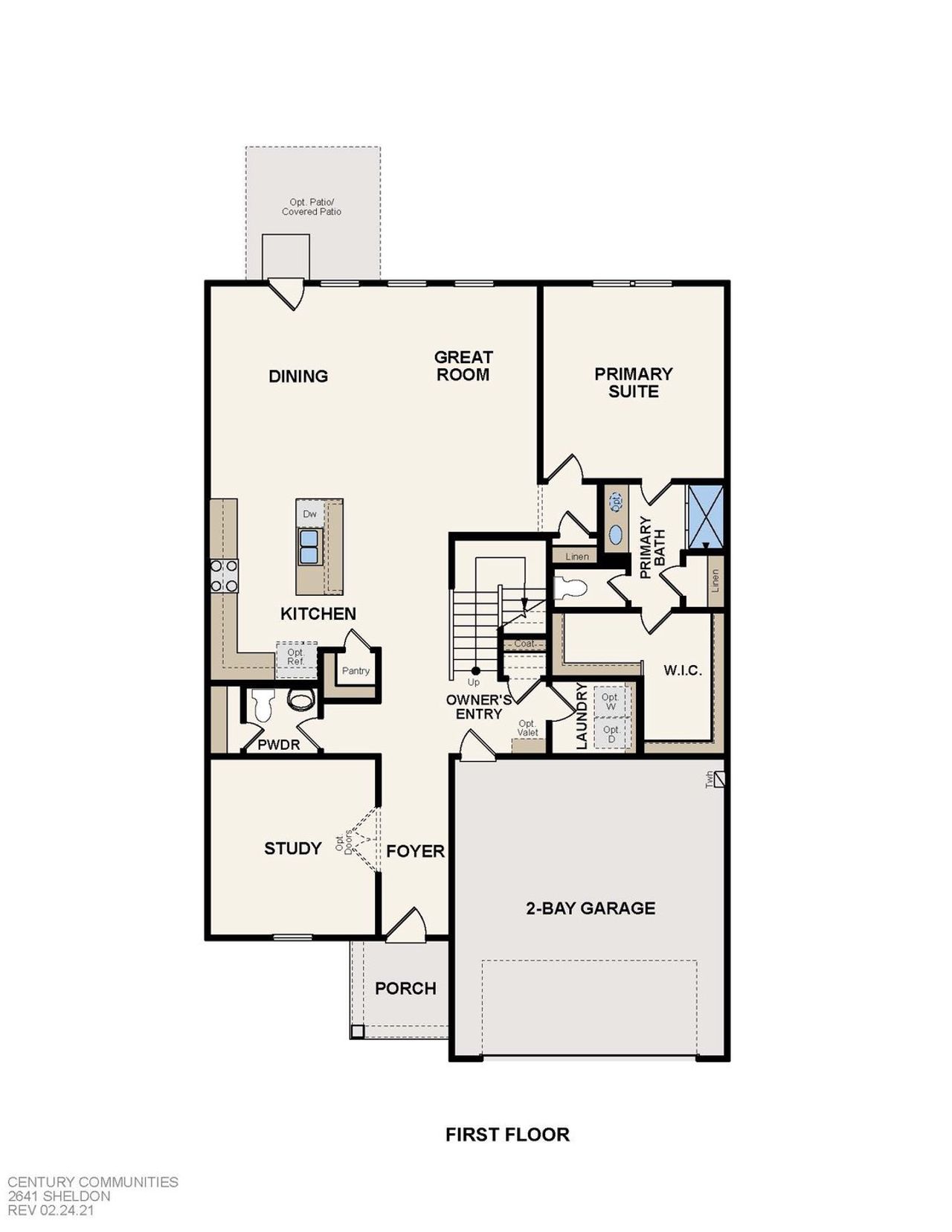 2D floor plan layout for the Sheldon by Century Communities in Mirabella, Brookshire, TX (Image 2).