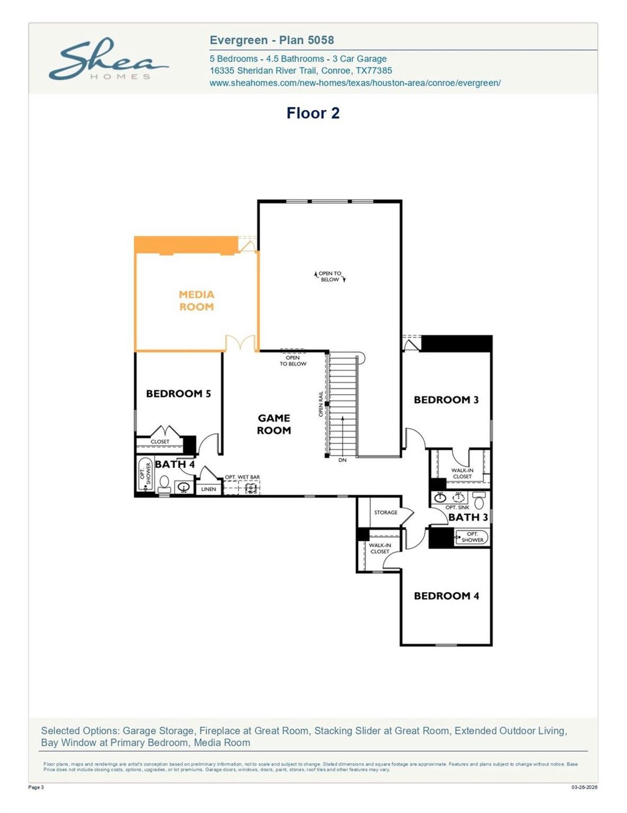 2D floor plan layout of this home in Evergreen 60', Conroe, TX (Image 2).