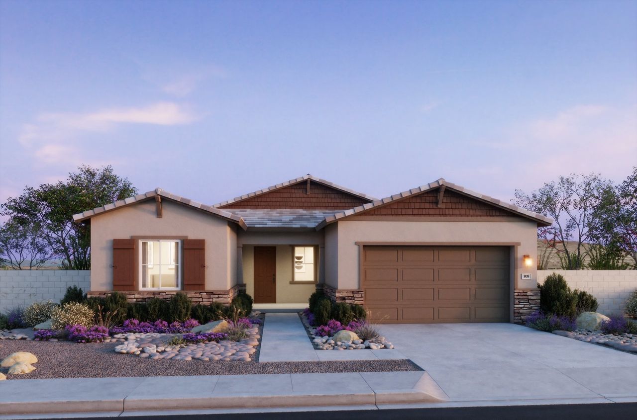 Representative exterior photo of a completed home built from the Plan 4501 by New Home Co. in The Estates at Frontera, Surprise, AZ (Image 2). Representative exterior photo of a completed home built from the Plan 4501 by New Home Co. in The Estates at Frontera, Surprise, AZ (Image 2).