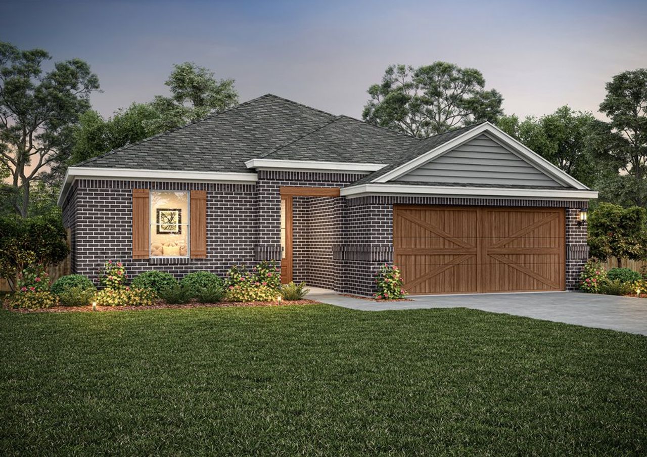 The St Clair is a beautiful one-story home with a brick exterior and siding details.