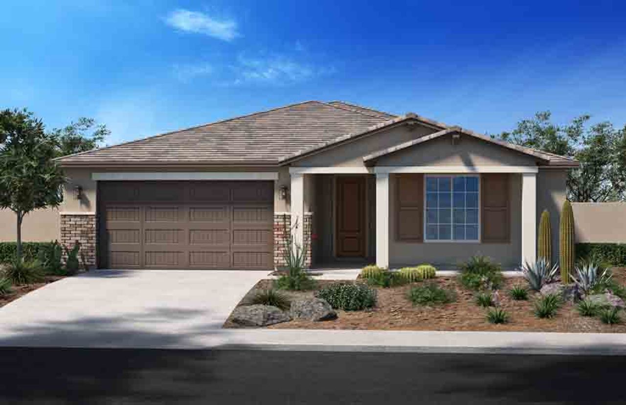 Representative exterior photo of a completed home built from the Plan 2617 by Homes by Towne in Alora at Ironwing, Litchfield Park, AZ (Image 2). Representative exterior photo of a completed home built from the Plan 2617 by Homes by Towne in Alora at Ironwing, Litchfield Park, AZ (Image 2).