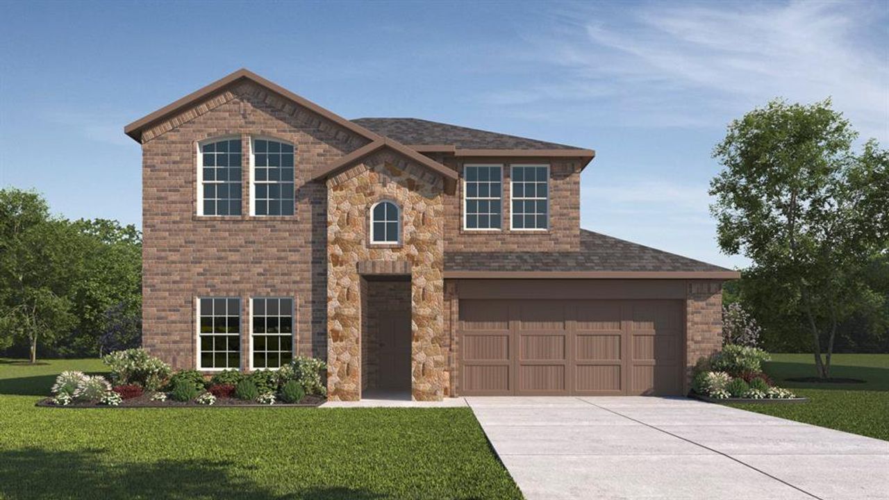 Front exterior of a new home in Woodcreek, Fate, TX, highlighting curb appeal (Image 2).