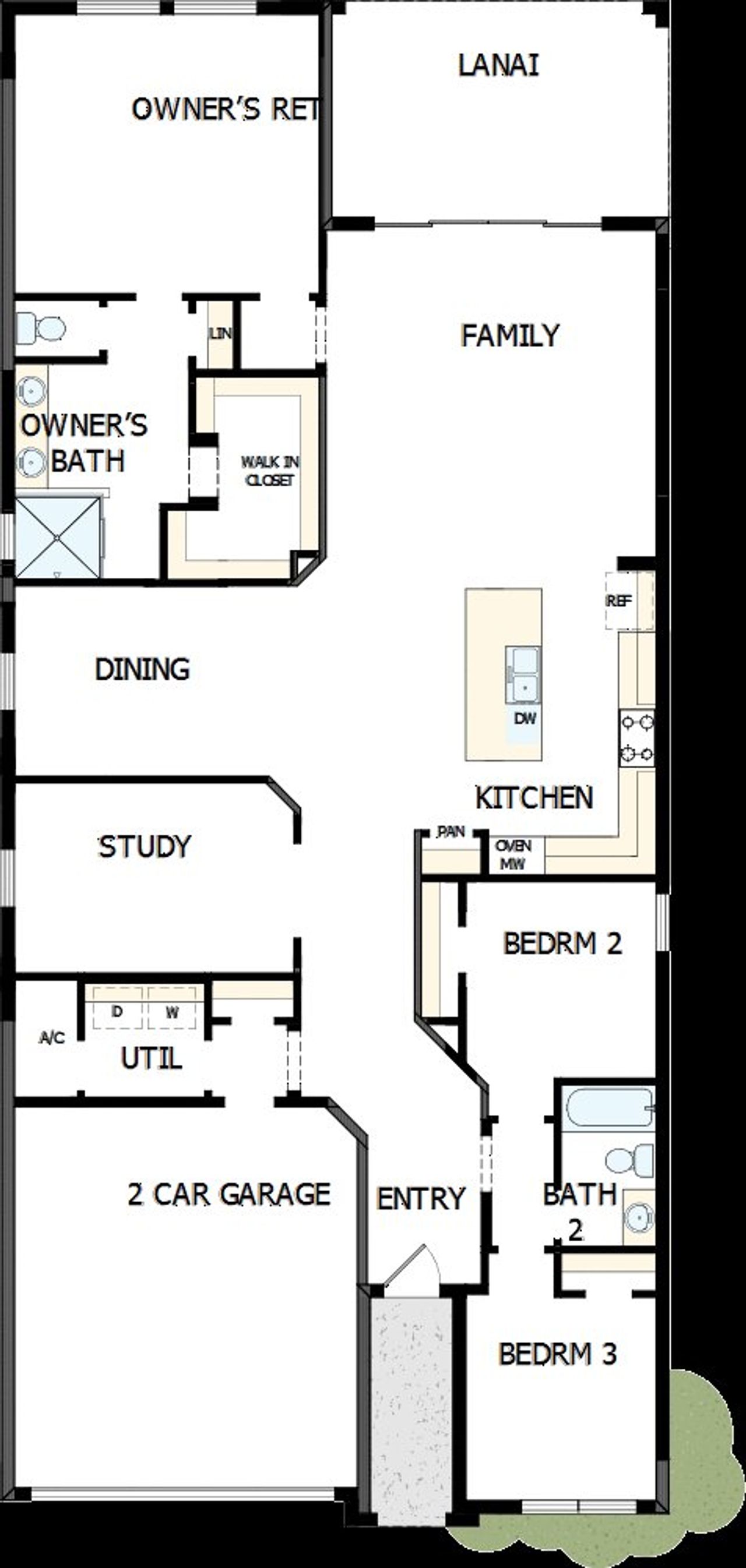 2D floor plan layout of this home in Oakfield at Mount Dora Cottage Series, Mount Dora, FL (Image 2).