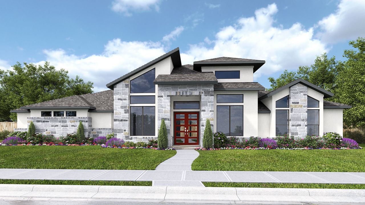 Representative exterior photo of a completed home built from the 3716A by Perry Homes in Vintage Oaks, New Braunfels, TX (Image 2).