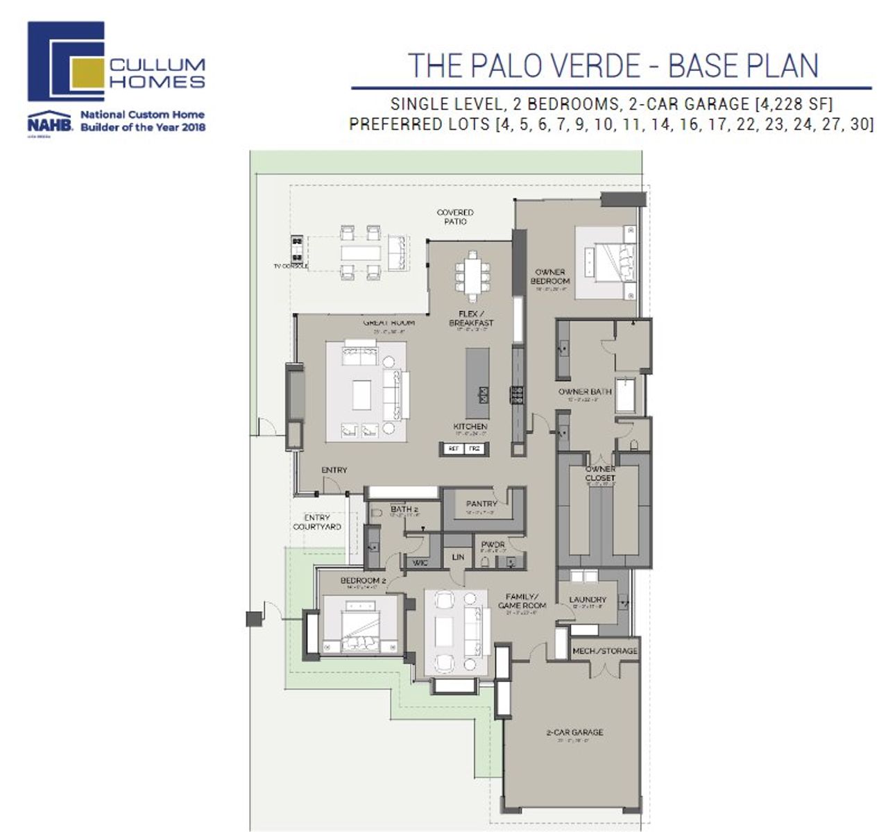 2D floor plan layout for the Palo Verde by Cullum Homes in Village at Seven Desert Mountain, Scottsdale, AZ (Image 2).
