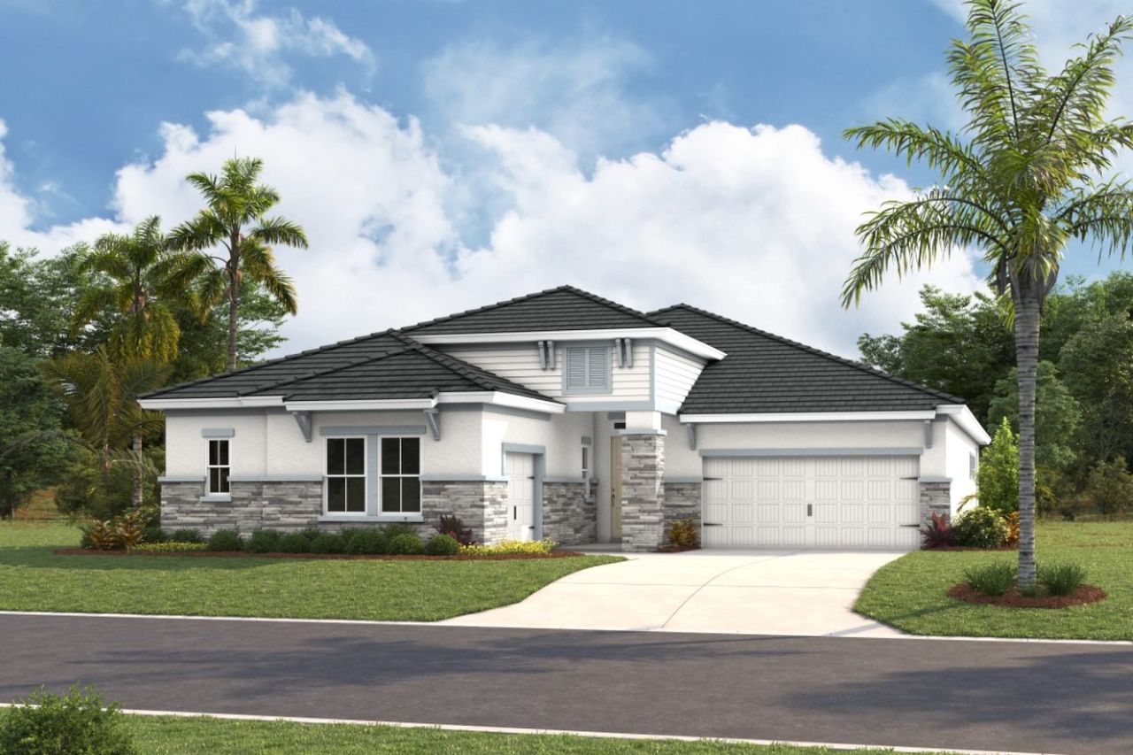 Representative exterior photo of a completed home built from the Gasparilla I by Homes by WestBay in Longleaf at Grand Park, Sarasota, FL (Image 2).