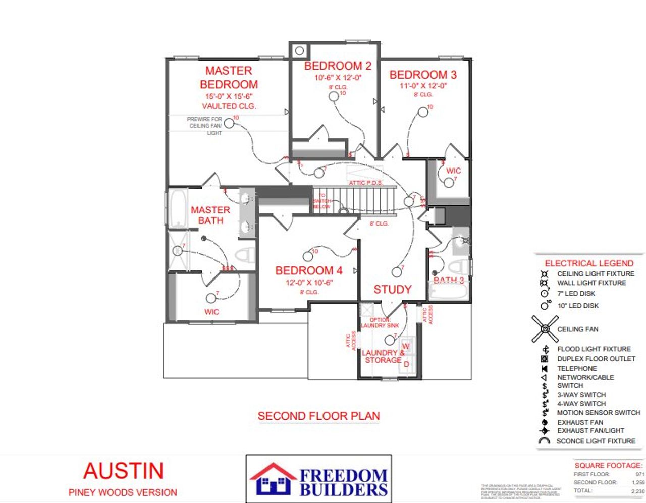 2D floor plan layout for the Austin A by Freedom Home Builders in Piney Woods, Newnan, GA (Image 2).