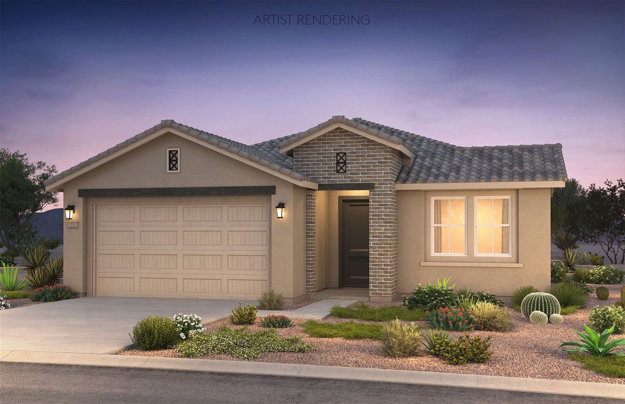 Front exterior of a new home in Blossom Rock, Apache Junction, AZ, highlighting curb appeal (Image 2).