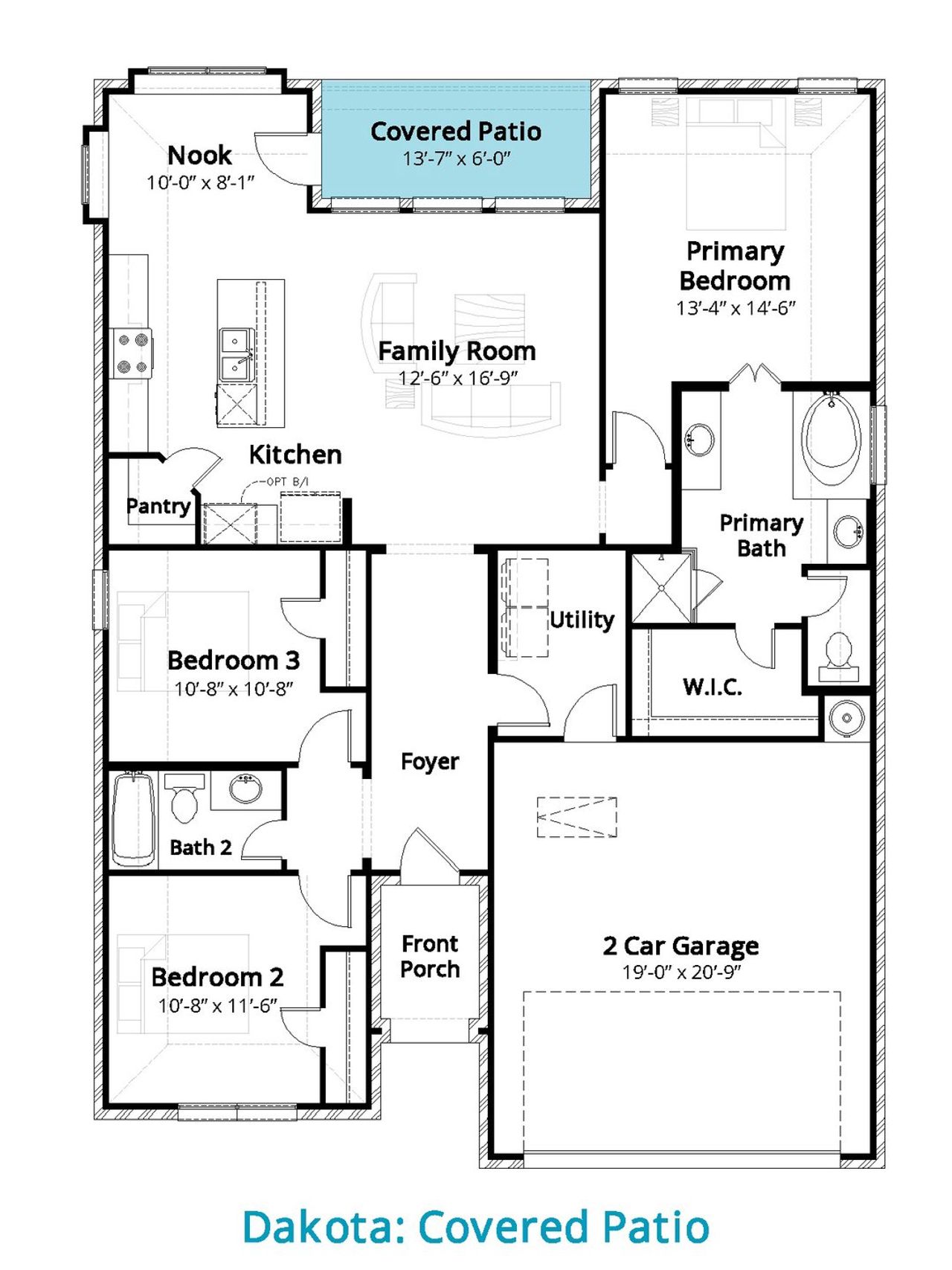 2D floor plan layout for the Dakota by John Houston Homes in Vista Point, Grandview, TX (Image 2).