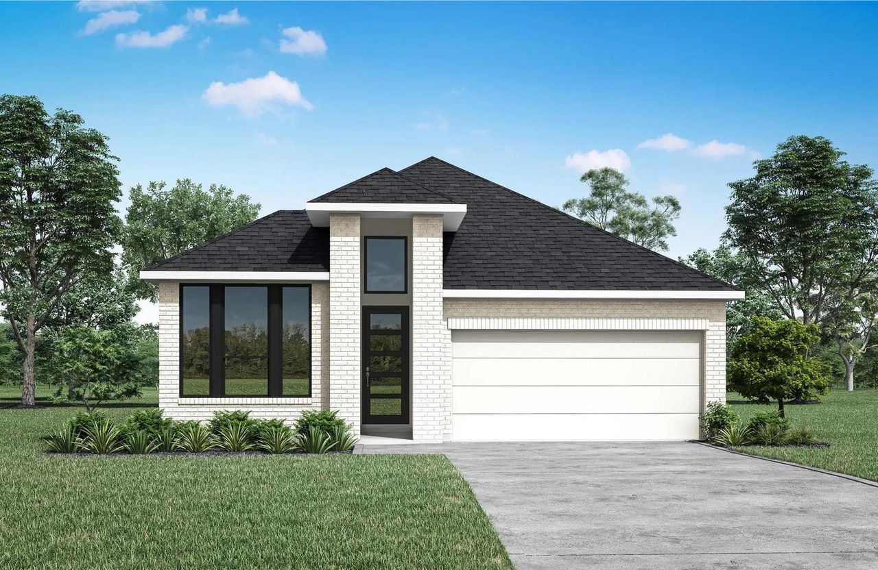 Front exterior of a new home in Everly - 45', Hockley, TX, highlighting curb appeal (Image 2).
