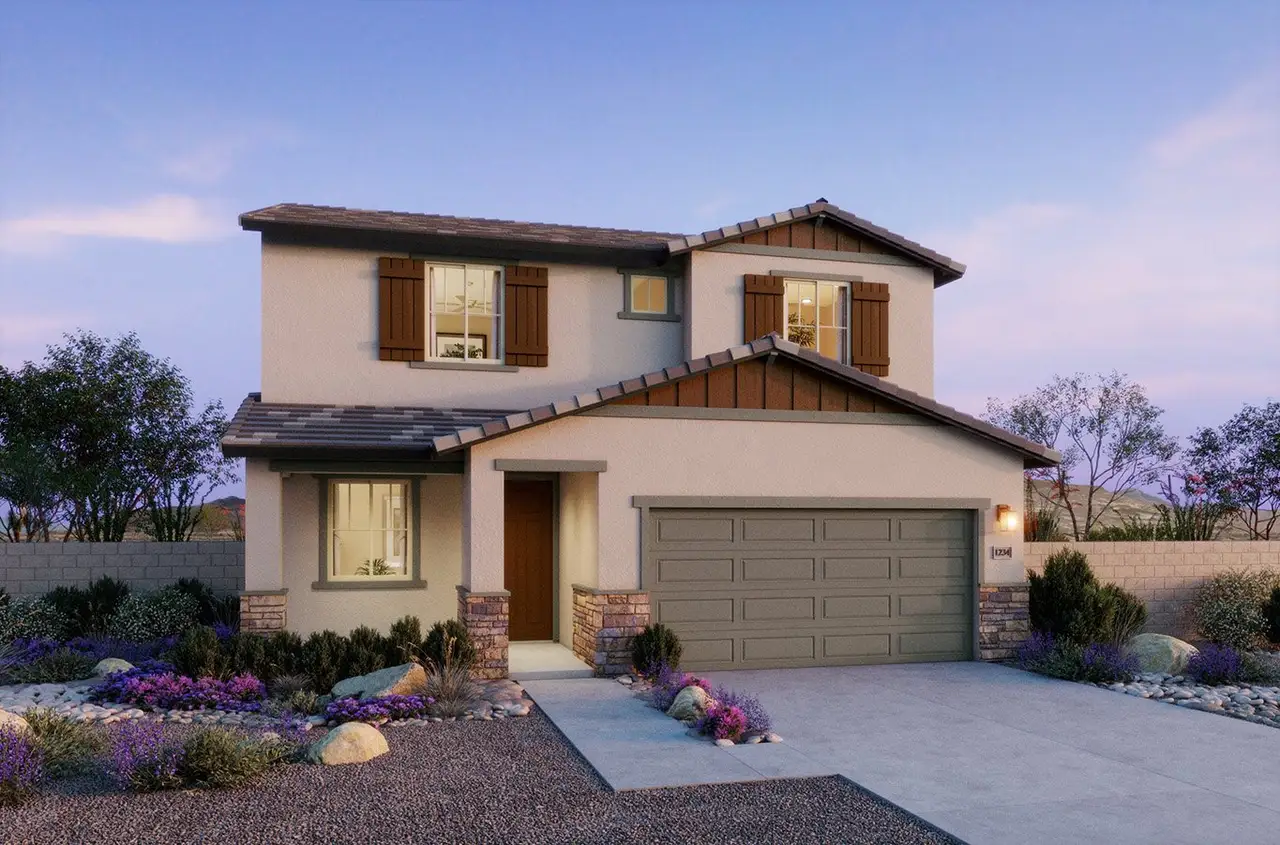 Representative exterior photo of a completed home built from the 3505 by Risewell Homes in Mason Ranch II, Surprise, AZ (Image 2). Representative exterior photo of a completed home built from the 3505 by Risewell Homes in Mason Ranch II, Surprise, AZ (Image 2).