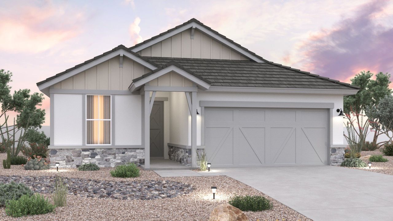 Representative exterior photo of a completed home built from the Acacia II by Brightland Homes in Teravalis, Buckeye, AZ (Image 2). Representative exterior photo of a completed home built from the Acacia II by Brightland Homes in Teravalis, Buckeye, AZ (Image 2).