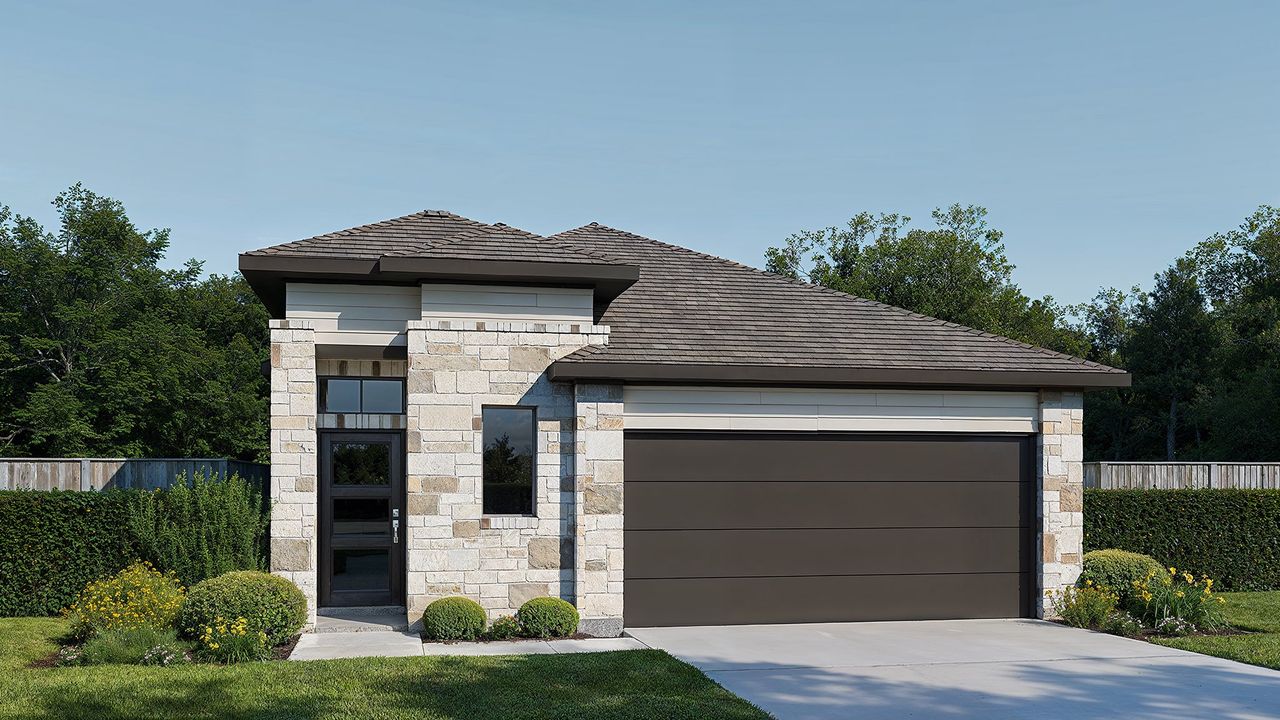 Representative exterior photo of a completed home built from the 1844E by Perry Homes in Easton Park 40', Austin, TX (Image 2).