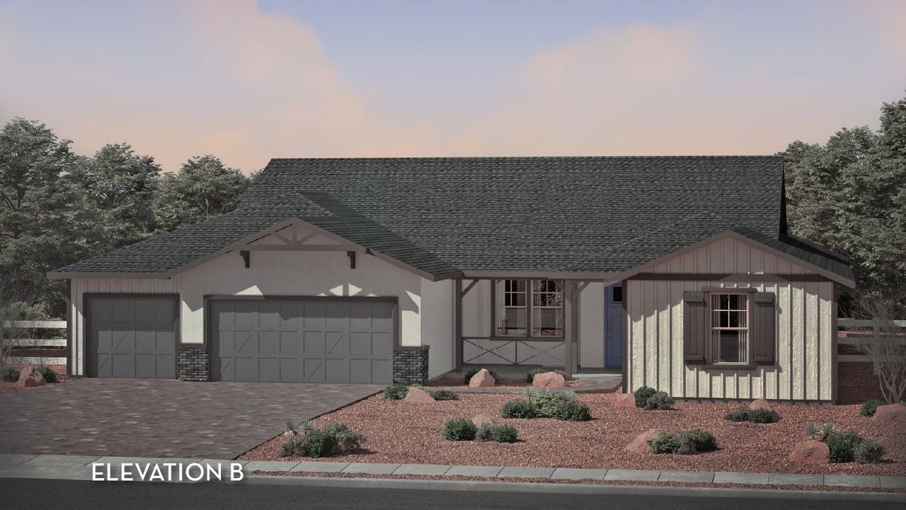 Representative exterior photo of a completed home built from the The Cottonwood by CastleRock Communities in Heritage Pointe, Chino Valley, AZ (Image 2). Representative exterior photo of a completed home built from the The Cottonwood by CastleRock Communities in Heritage Pointe, Chino Valley, AZ (Image 2).