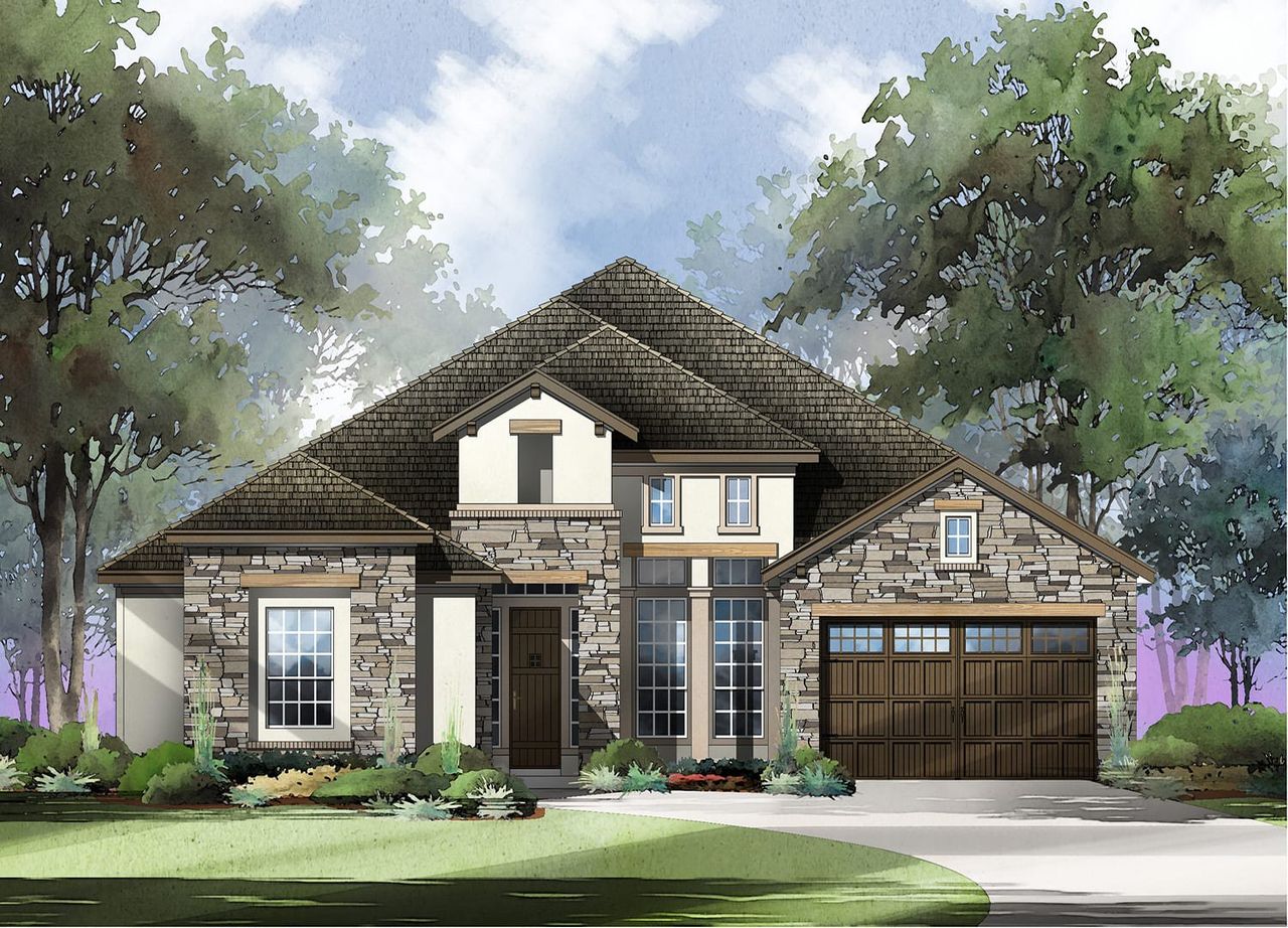 Representative exterior photo of a completed home built from the Presidio by Sitterle Homes in The Colony- Driscoll Bluffs, Bastrop, TX (Image 2).