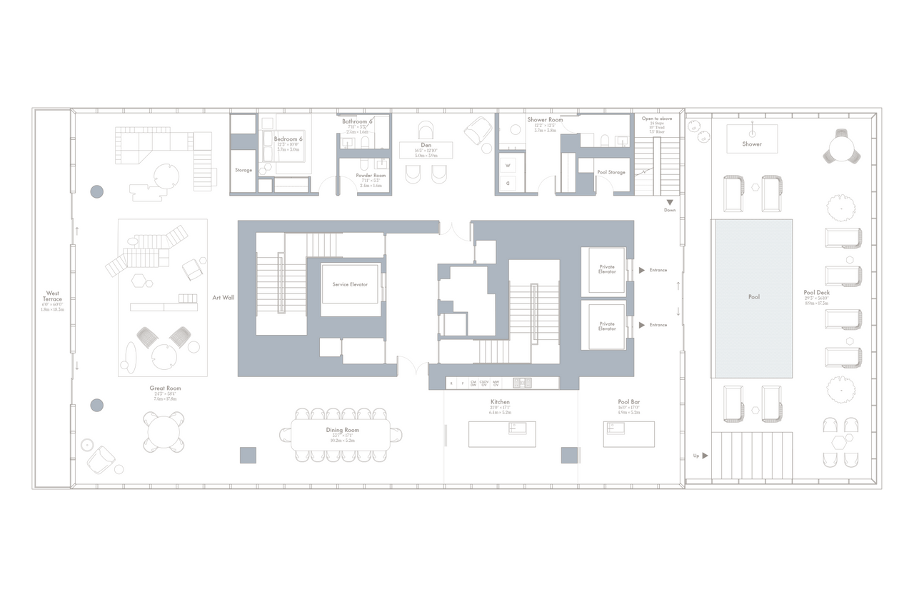 2D floor plan layout for the Duplex Sky Villa by KAR Properties in 2000 Ocean, Hallandale Beach, FL (Image 2).