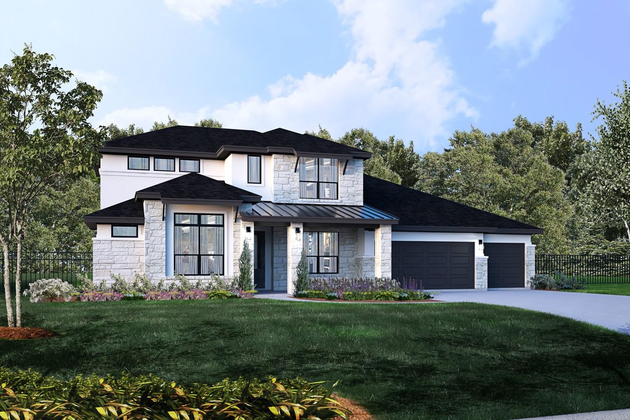 Representative exterior photo of a completed home built from the Garnet by Giddens Homes in Riverstone, Georgetown, TX (Image 2).