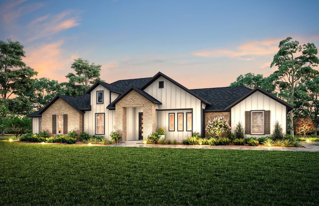 Representative exterior photo of a completed home built from the Juniper by Impression Homes in Carrera Ranch, Waxahachie, TX (Image 2). Representative exterior photo of a completed home built from the Juniper by Impression Homes in Carrera Ranch, Waxahachie, TX (Image 2).