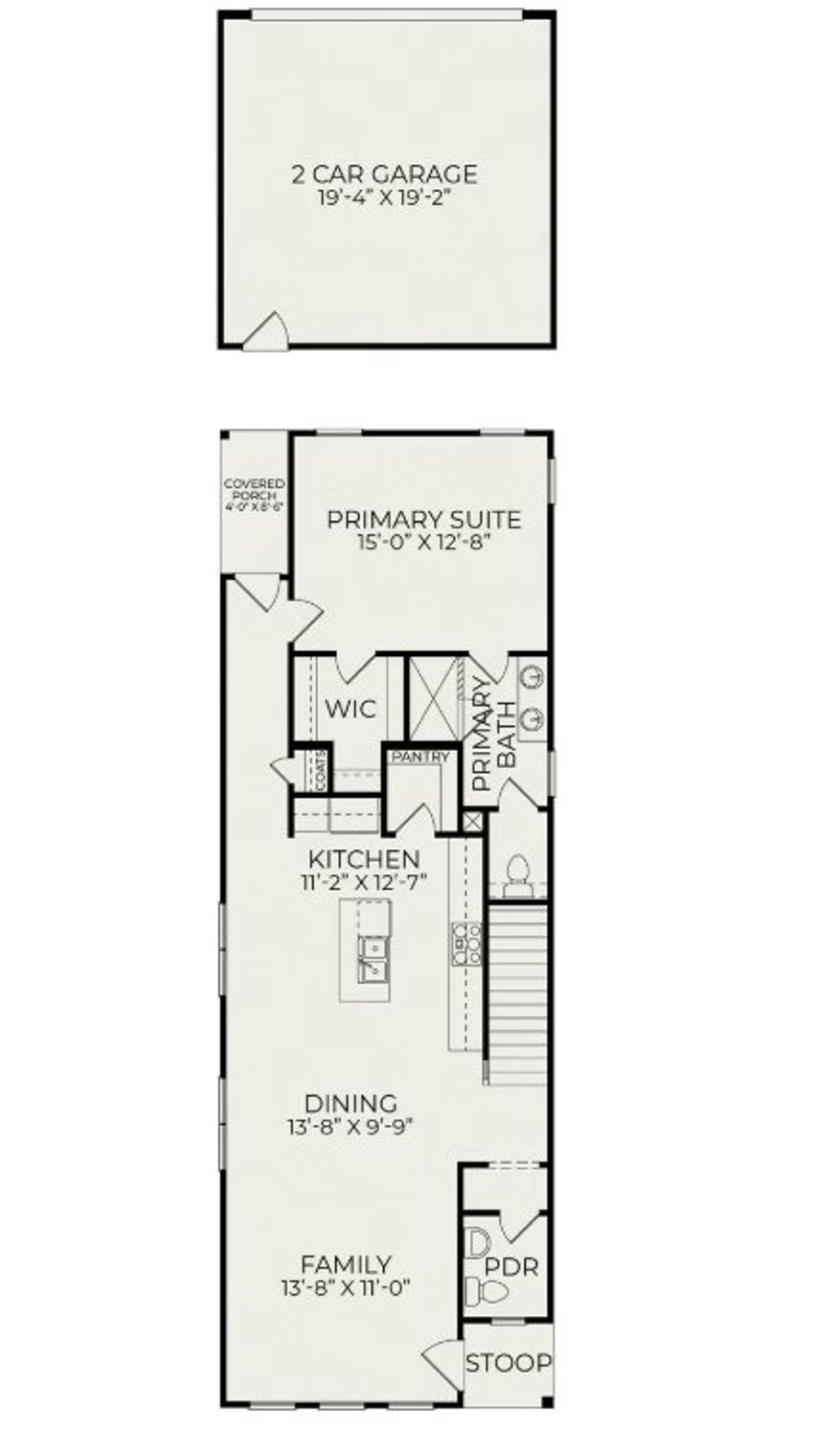 2D floor plan layout for the Lumen A by Homes by Dickerson in NoVi Chatham Park, Pittsboro, NC (Image 2).
