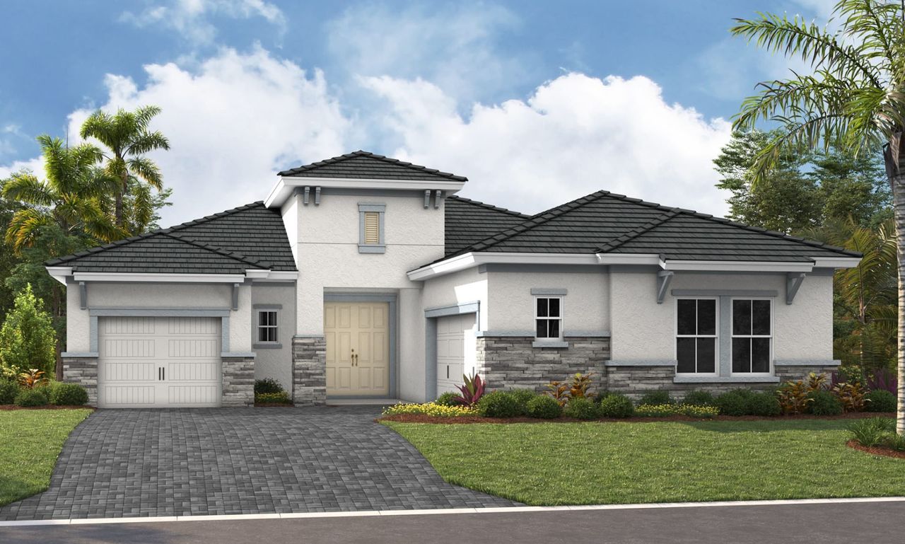 Representative exterior photo of a completed home built from the Siesta Key I by Homes by WestBay in Longleaf at Grand Park, Sarasota, FL (Image 2).