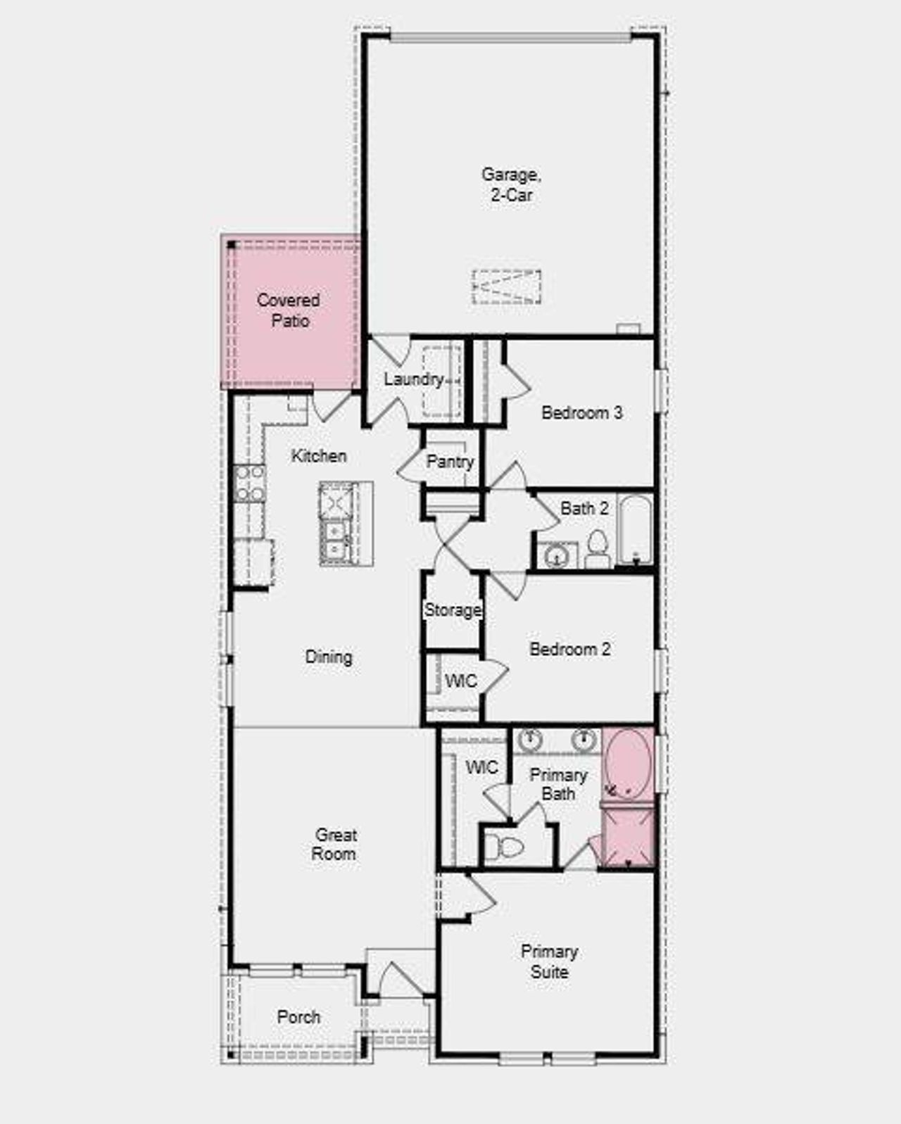 dditional highlights include: slide-in tub in the primary bathroom, and a covered back patio.