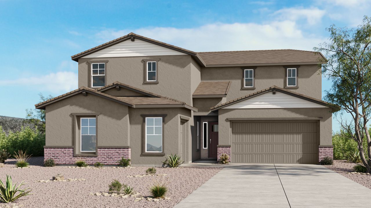 Representative exterior photo of a completed home built from the Glacier by Taylor Morrison in Saddleback, Peoria, AZ (Image 2). Representative exterior photo of a completed home built from the Glacier by Taylor Morrison in Saddleback, Peoria, AZ (Image 2).