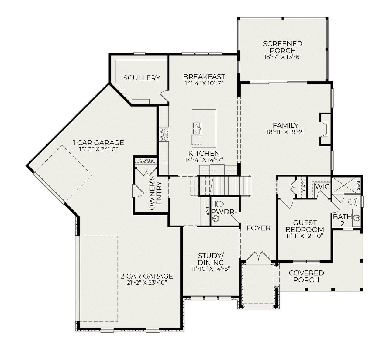2D floor plan layout for the Delaney English Cottage by Homes by Dickerson in Corbett Landing, Pittsboro, NC (Image 2). 2D floor plan layout for the Delaney English Cottage by Homes by Dickerson in Corbett Landing, Pittsboro, NC (Image 2).
