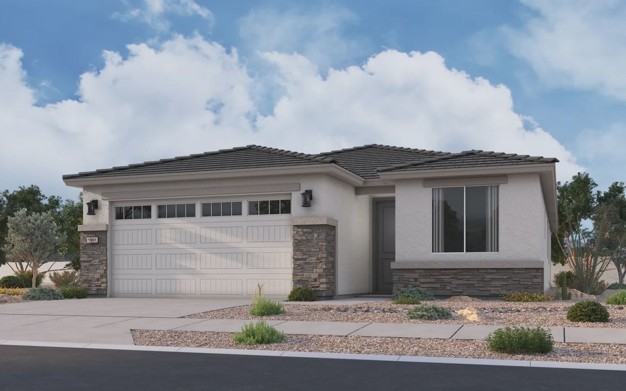 Front exterior of a new home in Camilo at Santana, Yuma, AZ, highlighting curb appeal (Image 2).