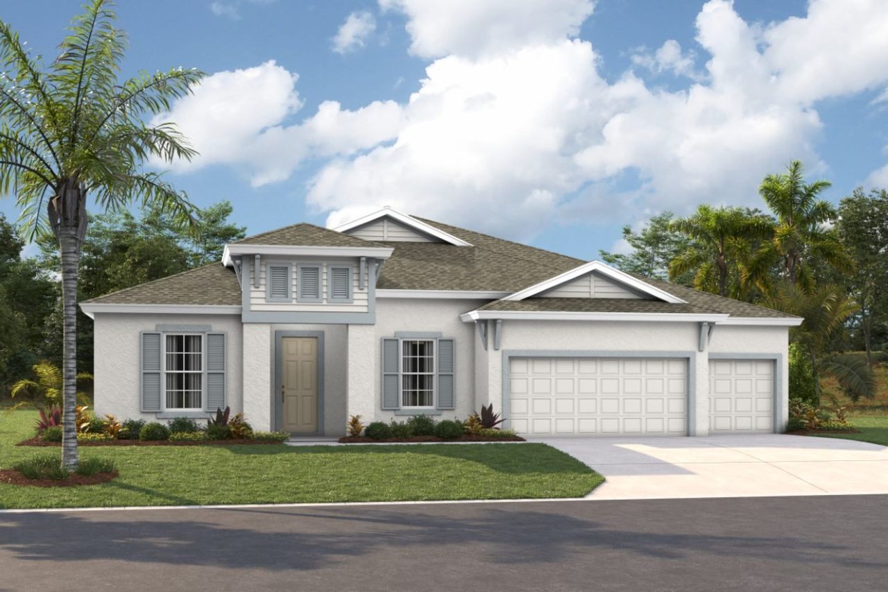 Representative exterior photo of a completed home built from the Key Largo I by Homes by WestBay in Pasadena Woods, Wesley Chapel, FL (Image 2). Representative exterior photo of a completed home built from the Key Largo I by Homes by WestBay in Pasadena Woods, Wesley Chapel, FL (Image 2).