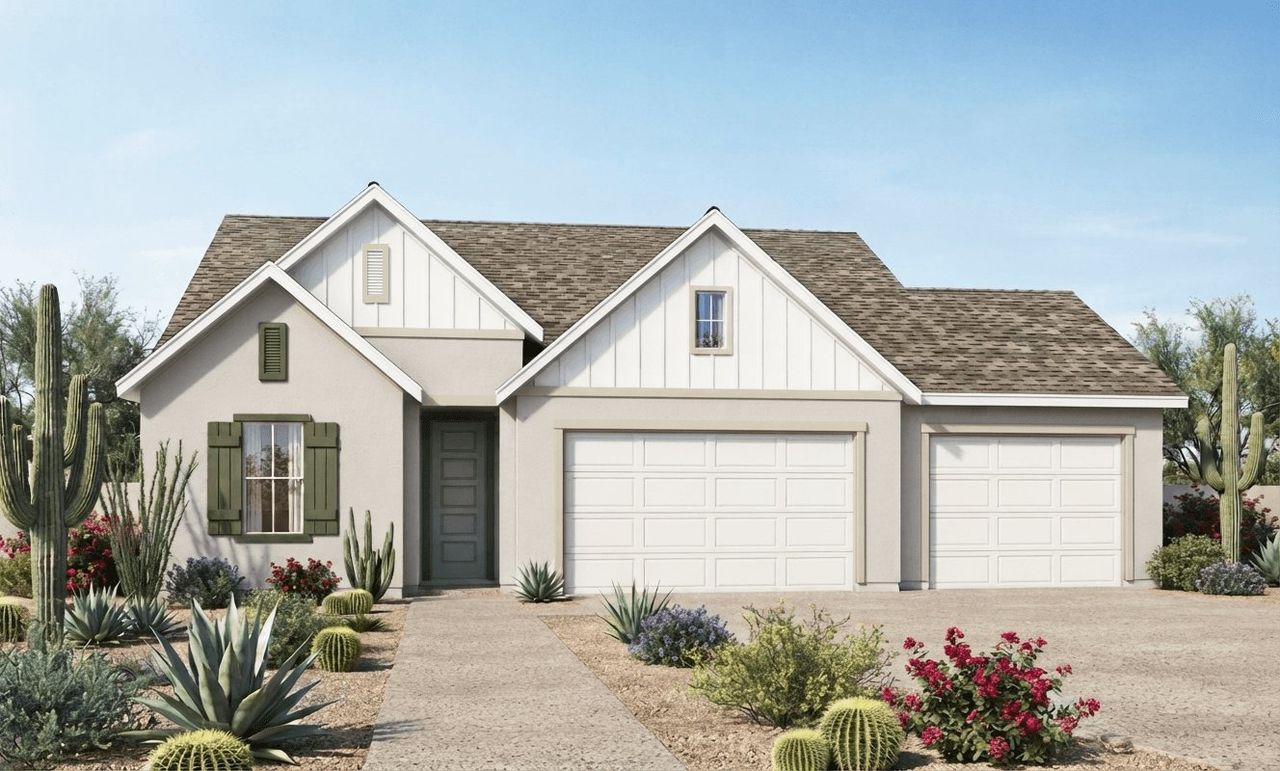 Representative exterior photo of a completed home built from the Arcadia by William Ryan Homes in Silver Cross, San Tan Valley, AZ (Image 2). Representative exterior photo of a completed home built from the Arcadia by William Ryan Homes in Silver Cross, San Tan Valley, AZ (Image 2).