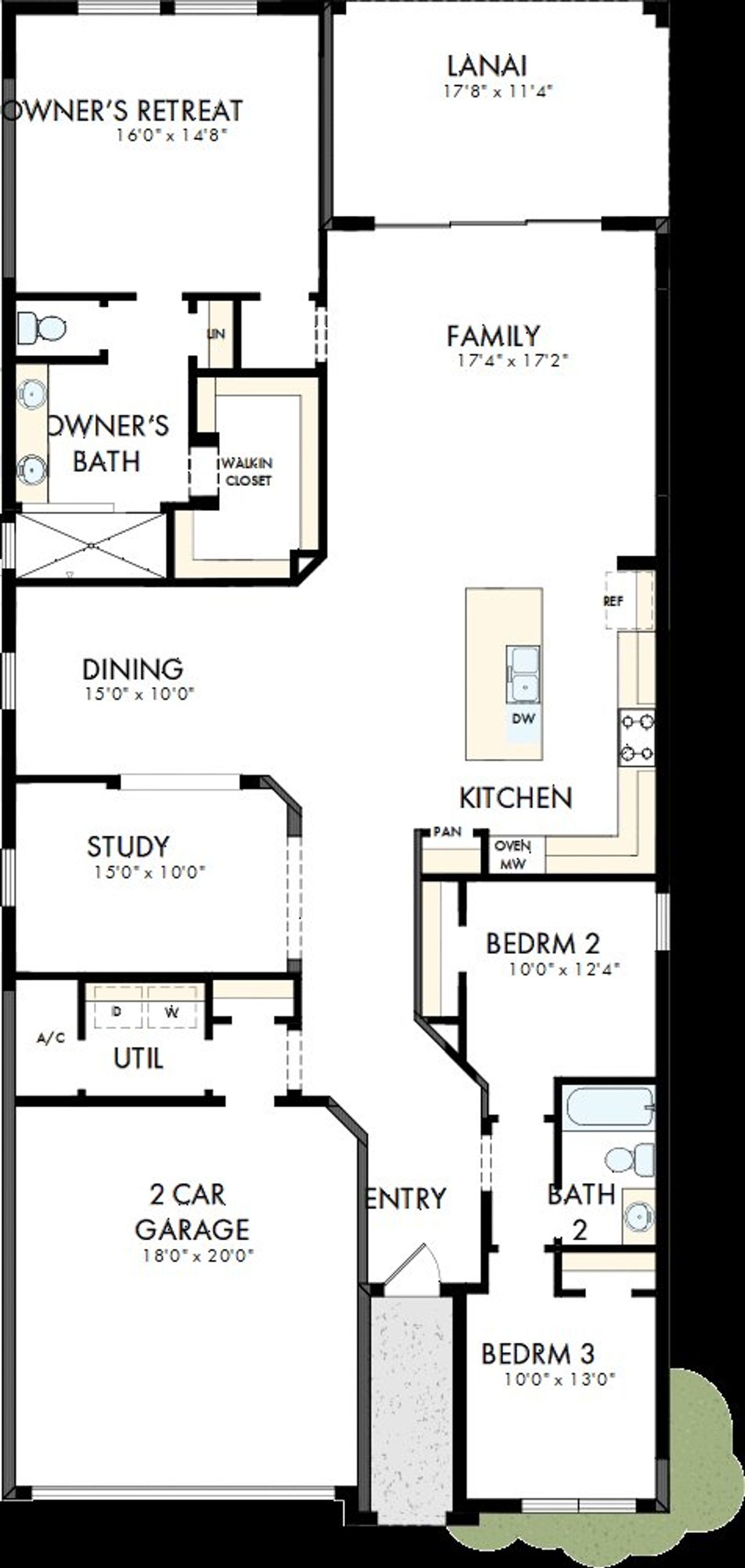 2D floor plan layout of this home in Oakfield at Mount Dora Cottage Series, Mount Dora, FL (Image 2).