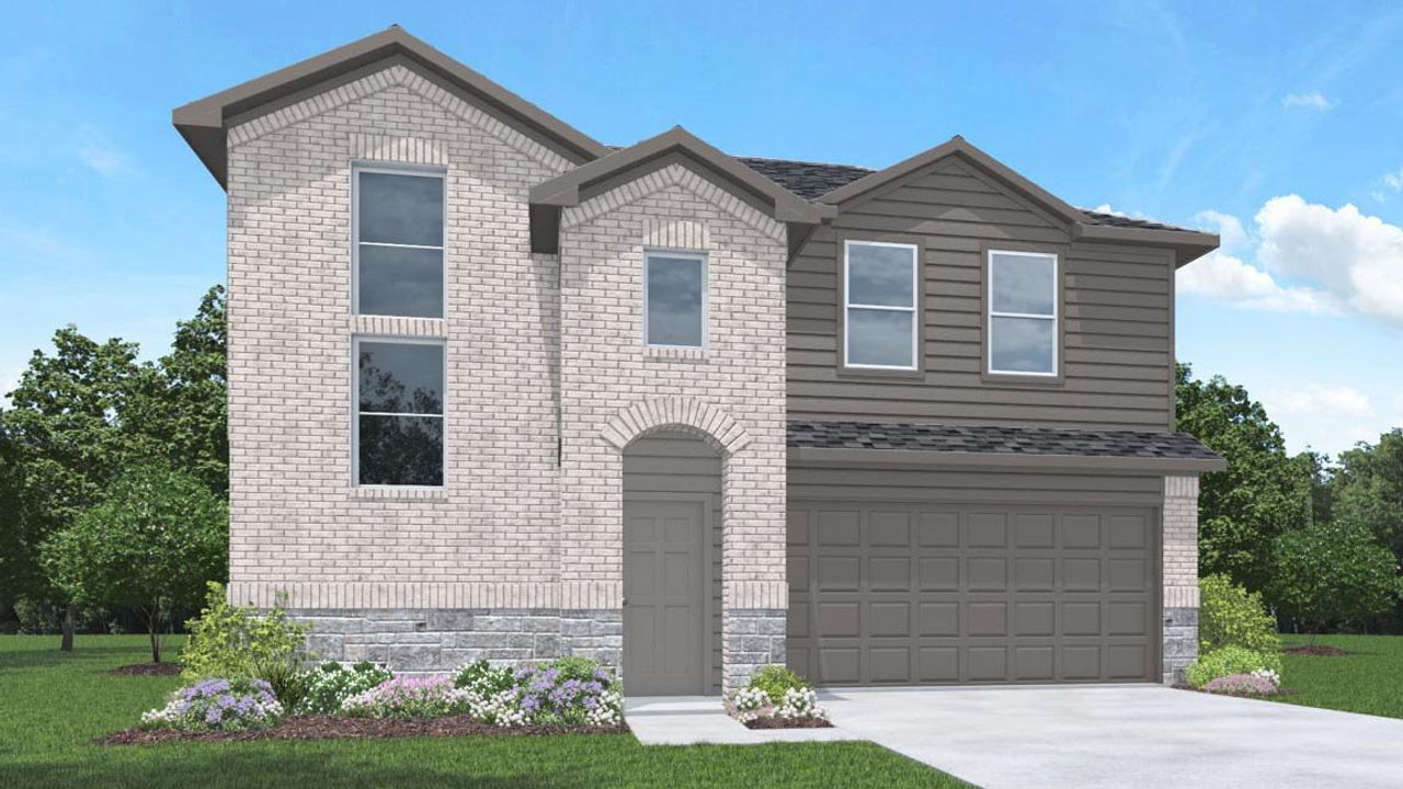 Representative exterior photo of a completed home built from the Kendall by D.R. Horton in Sunterra Lakes, Brookshire, TX (Image 2). Representative exterior photo of a completed home built from the Kendall by D.R. Horton in Sunterra Lakes, Brookshire, TX (Image 2).